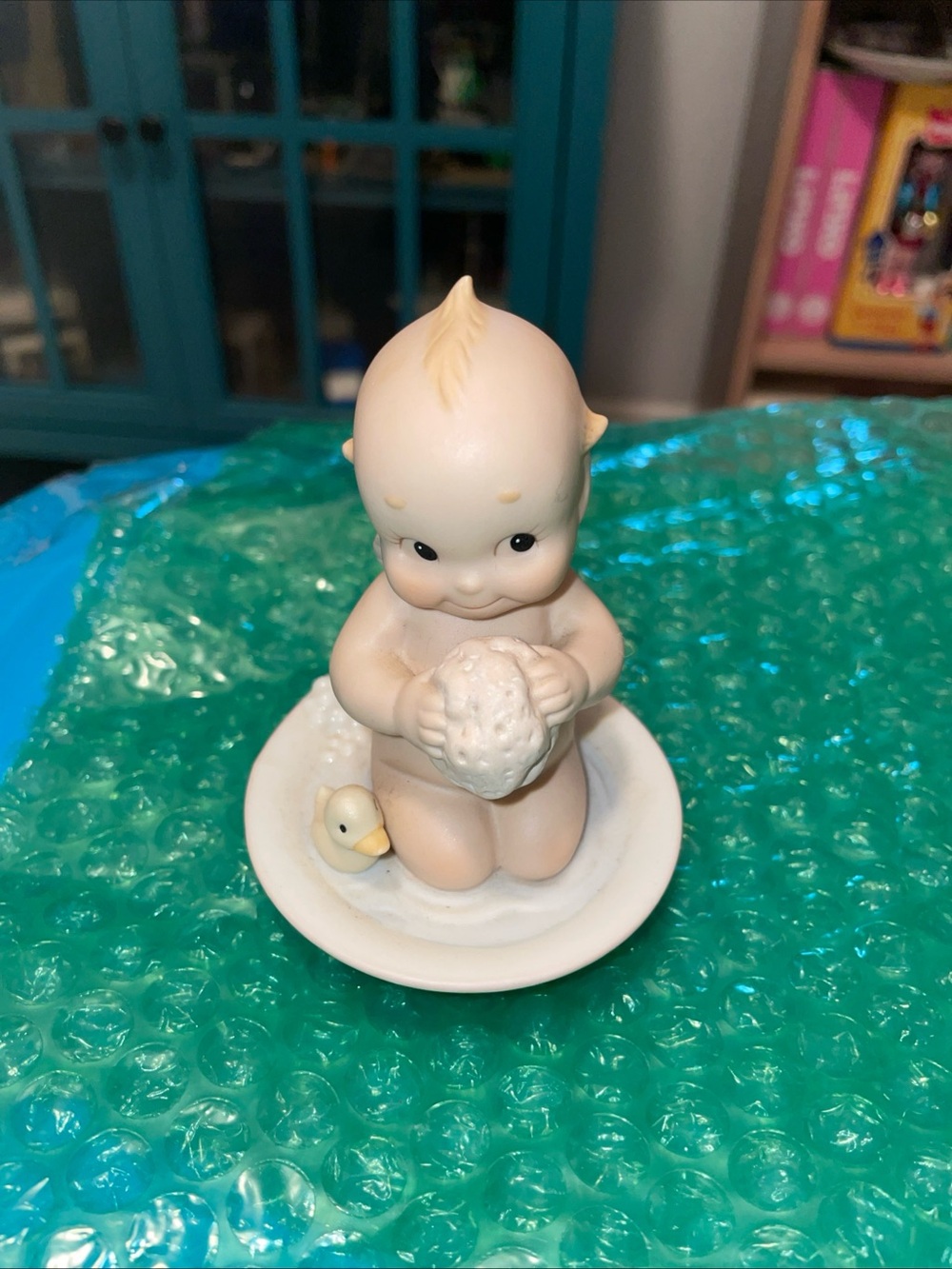 Vintage Kewpie Angel Figurine Rose O'Neil Enesco Bisque Taking Bath With Duck